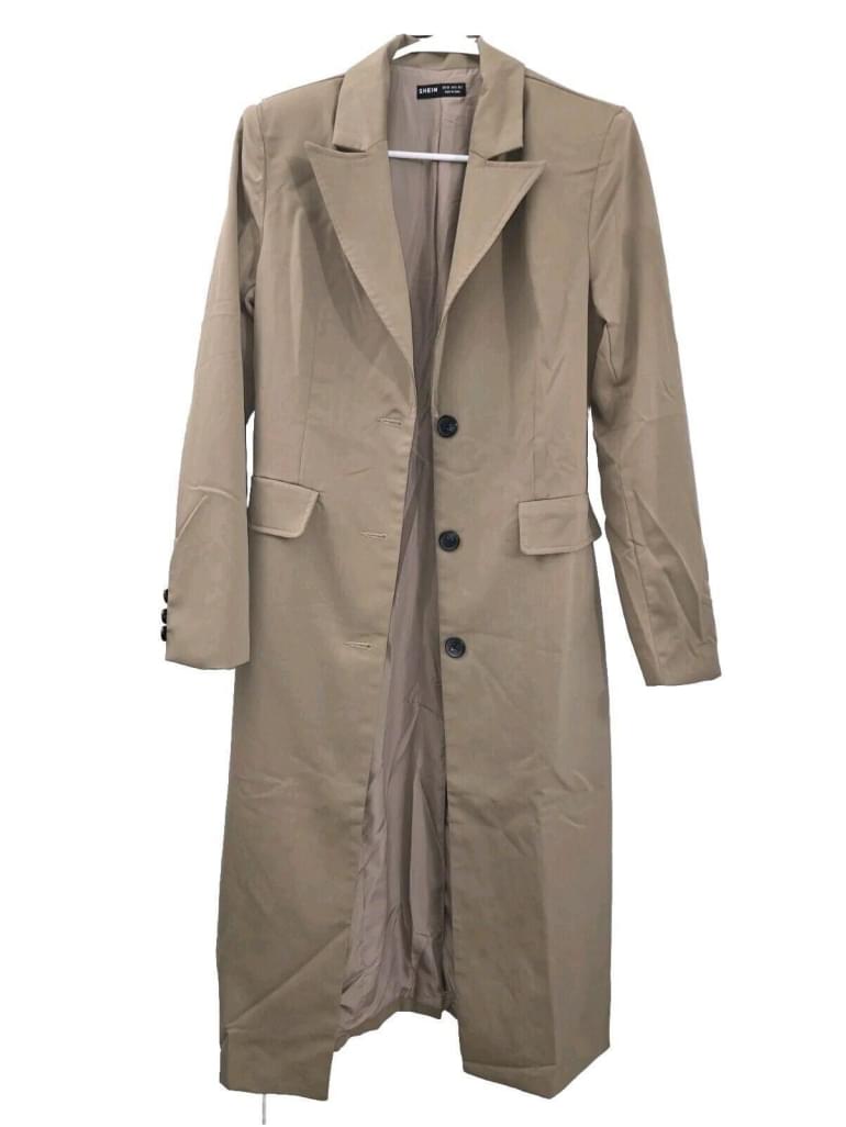 SHEIN BIZwear Lapel Collar Split Back Longline Trench Coat CAMEL BEIGE XS SZ 2