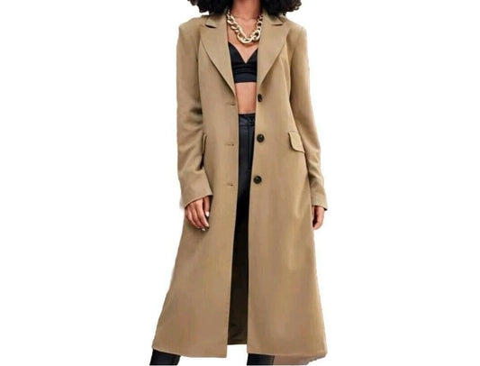 SHEIN BIZwear Lapel Collar Split Back Longline Trench Coat CAMEL BEIGE XS SZ 2