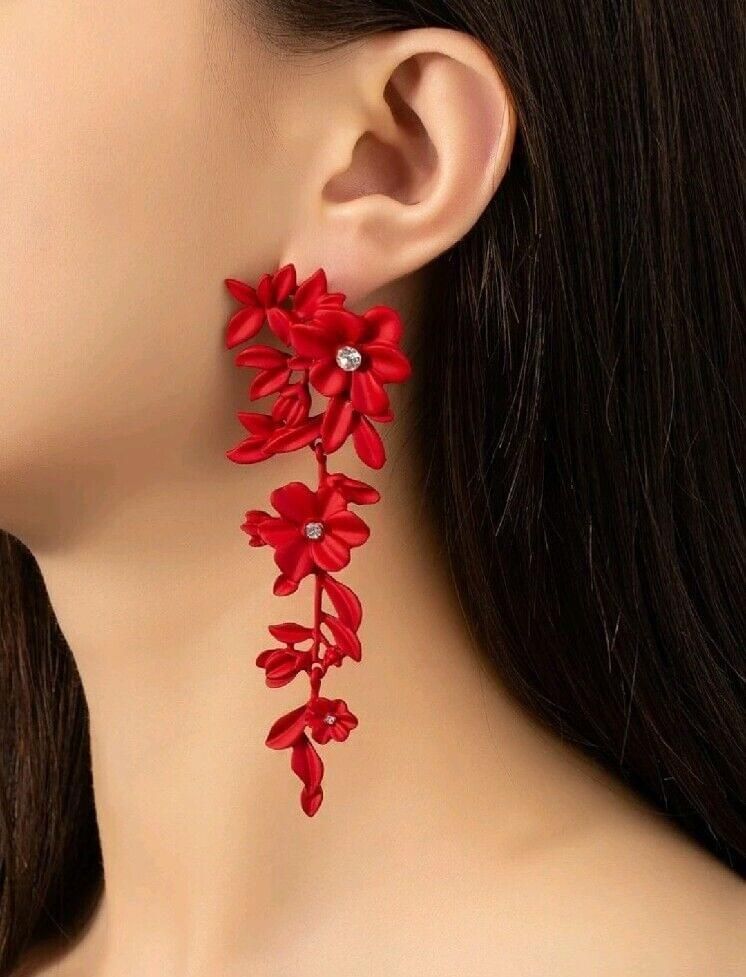 Fashion Women Red Cz Faux Diamond Flower Drop Long Earings