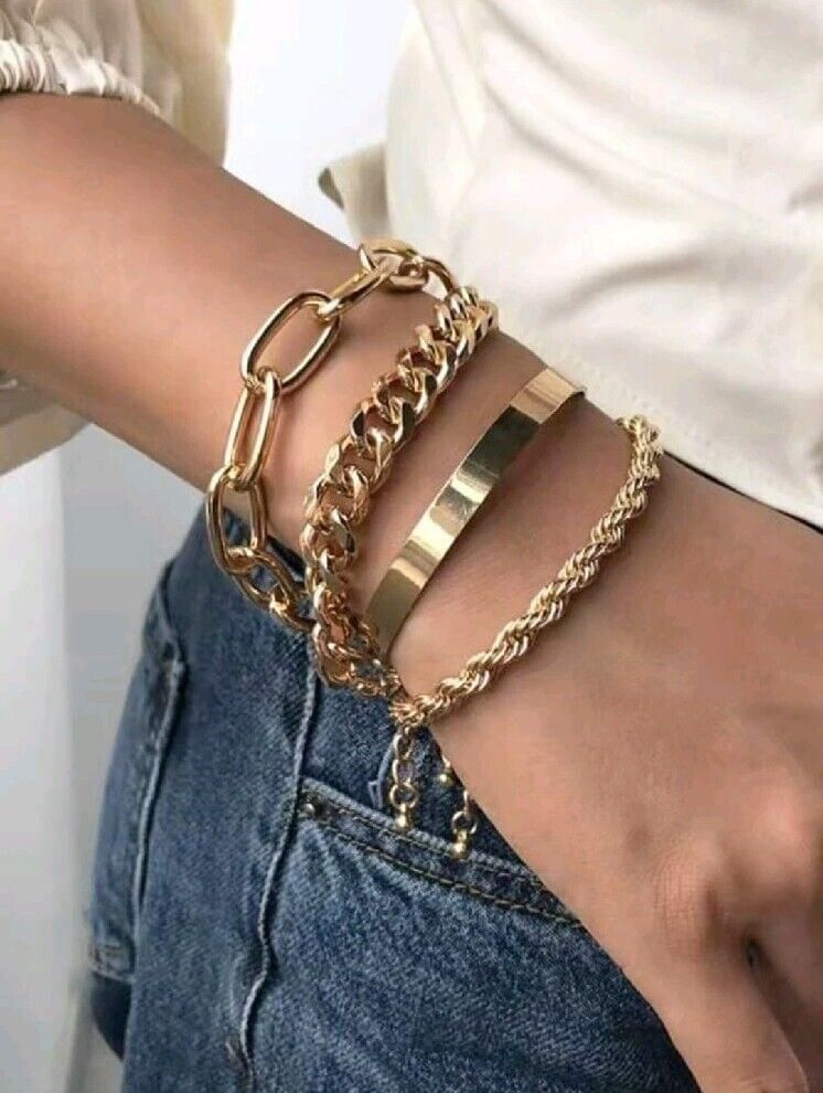 Gold 4 Bracelets Set Rope Chain, Paperclip Chain Cuban Chain, C Shape Set