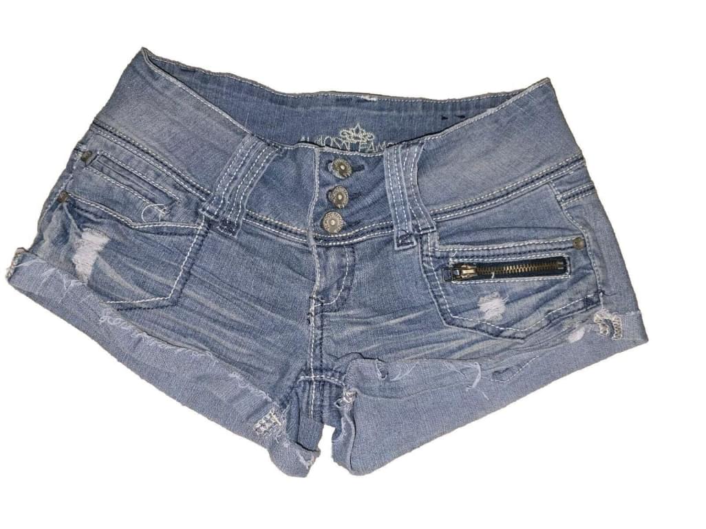 Y2K Almost Famous Low Rise Wide Waistband Distressed Jean Shorts SZ 5 Stretch