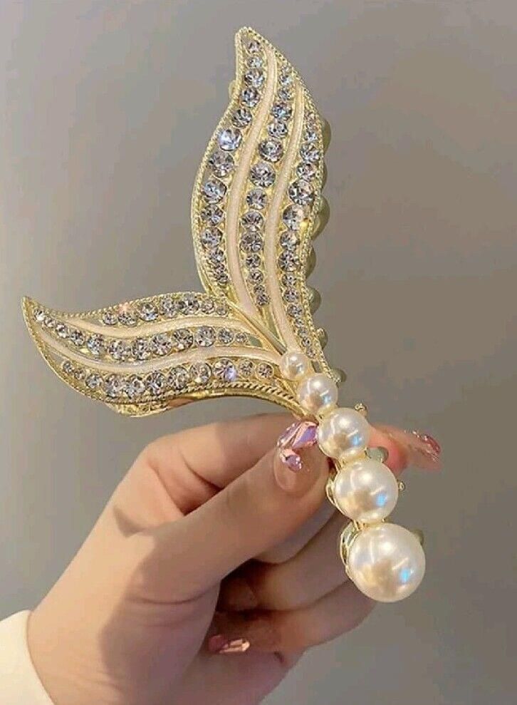 Gold Mermaid Fishtail Jumbo Faux Pearl Rhinestone Hair Clip