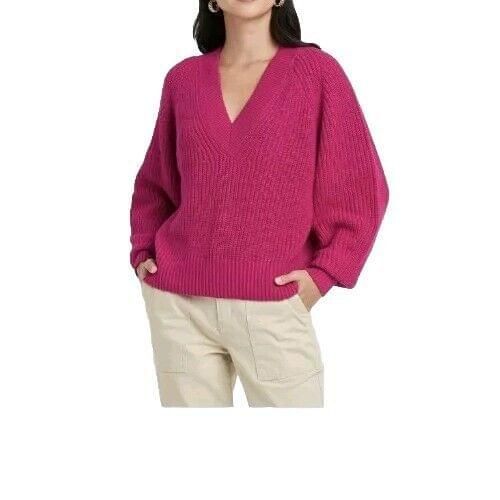 Women's V-Neck Pullover Sweater - a New Day Pink Size L Large