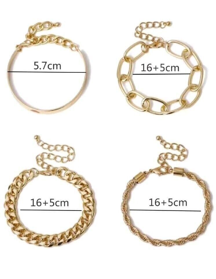 Gold 4 Bracelets Set Rope Chain, Paperclip Chain Cuban Chain, C Shape Set