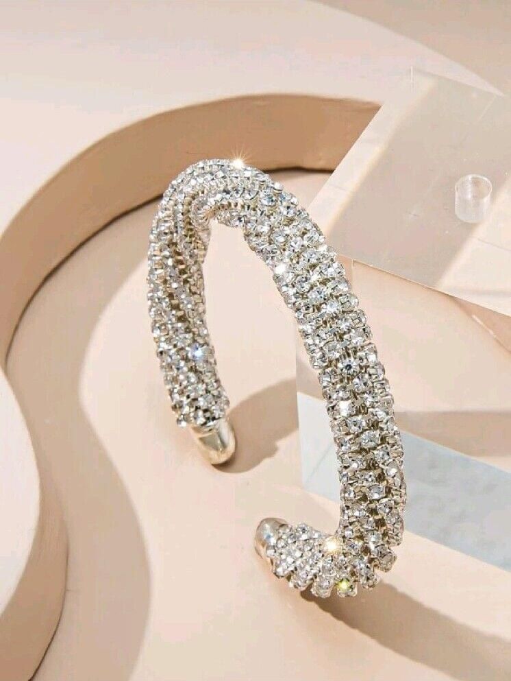 Women's Statement Silver Metal Faux Diamond Cubic Zirconia Bangel Bracelet