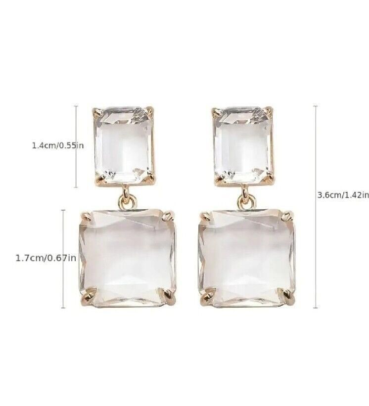 Crystal Clear Square Drop Earrings, Gold Metal,Transparent Square