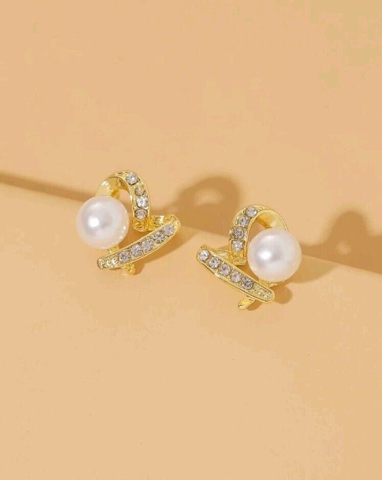 Gorgeous Pearl Cubic Zircon Gold Earrings Stud Womens Wedding Jewellery Gifts