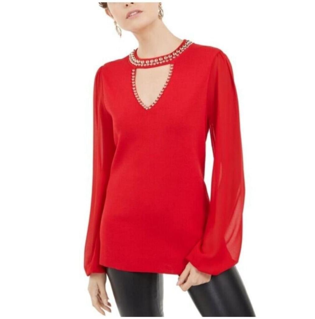 INC International Concepts - Long Sheer Sleeve Sweater RED GOLD STUDDED MEDIUM