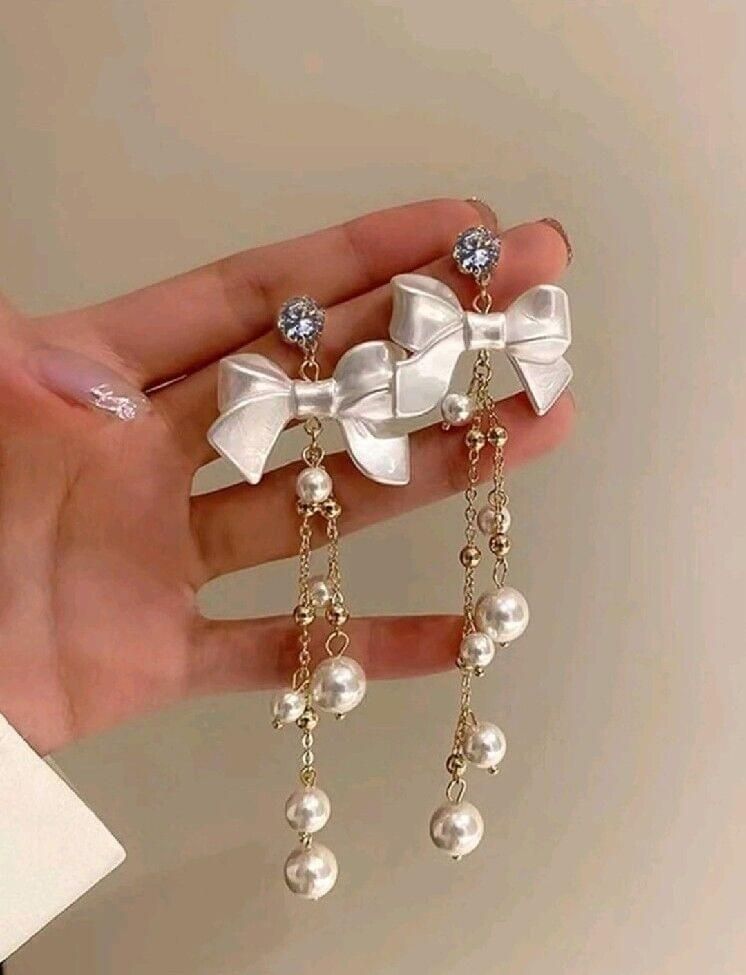 Faux Pearl Diamond Gold Metal Bow Hanging Cz  Earrings Vintage Drop Elegant