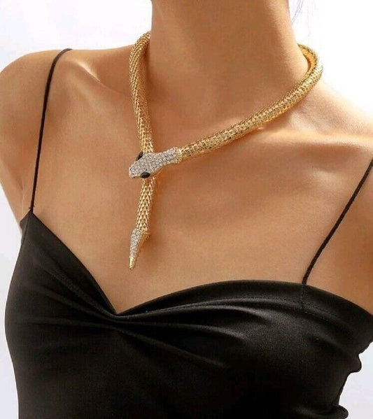 Faux Gold Snake Mesh Necklace Lariat Gold Tone Faux Rhinestones