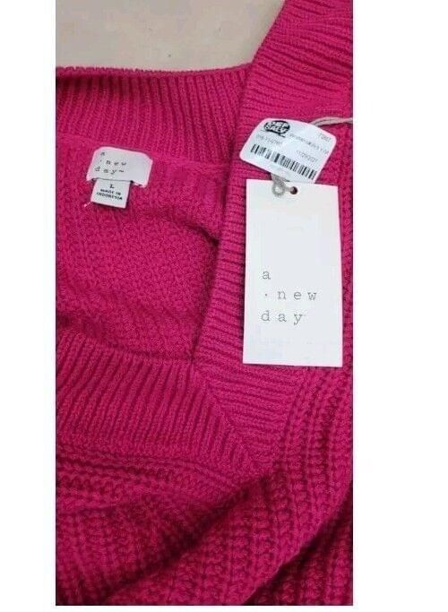 Women's V-Neck Pullover Sweater - a New Day Pink Size L Large