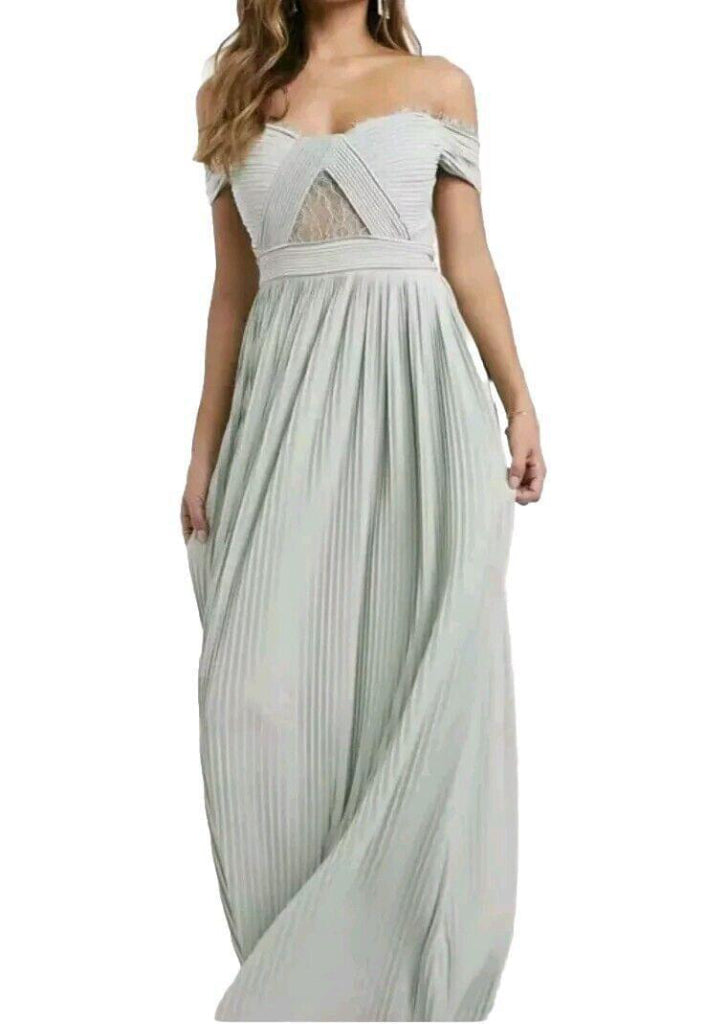 ASOS Long Lace Off Shoulder Pleated Maxi Evening Dress Sage SZ 0 NWT *MSRP $95*