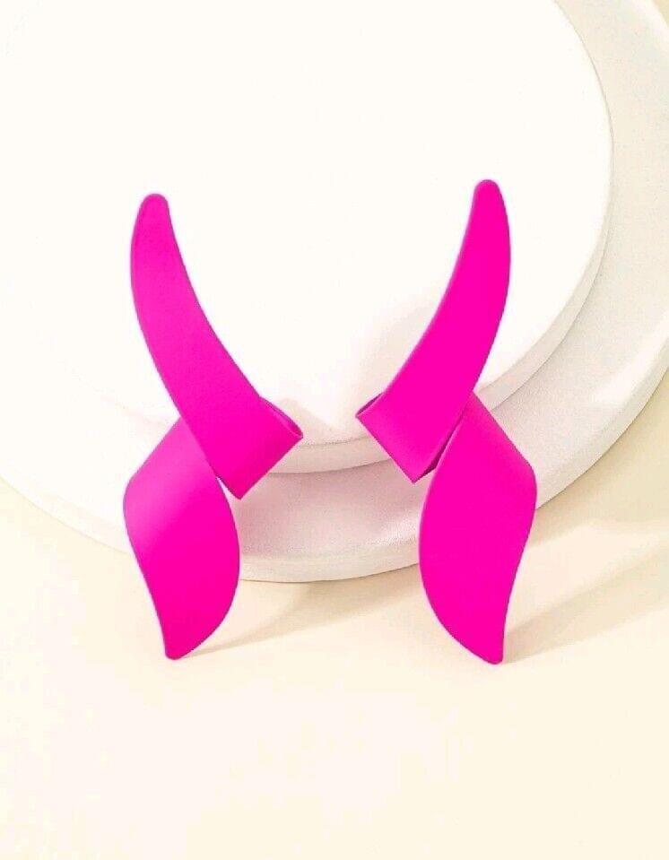 Structured Silver Metal Fuschia Pink Earrings, Irregular Shape Oversized Retro,