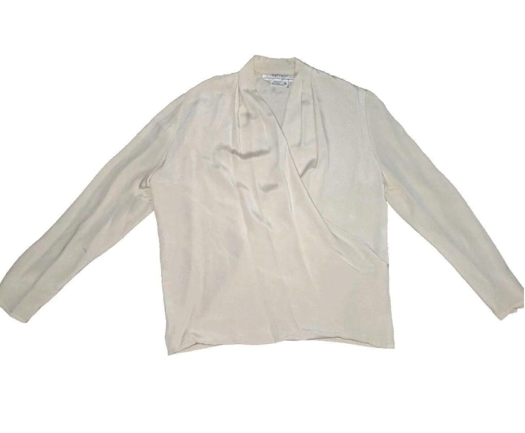 VTG Saks Fifth Avenue Starington 100% Silk Beige Long Sleeve Pleated Blouse Sz 8