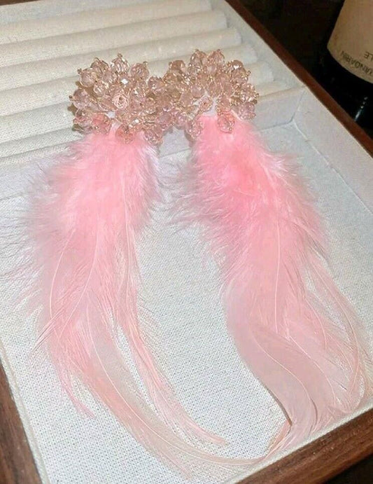 Pink Drop Earrings w/ feathers and Faux Crystal Gem