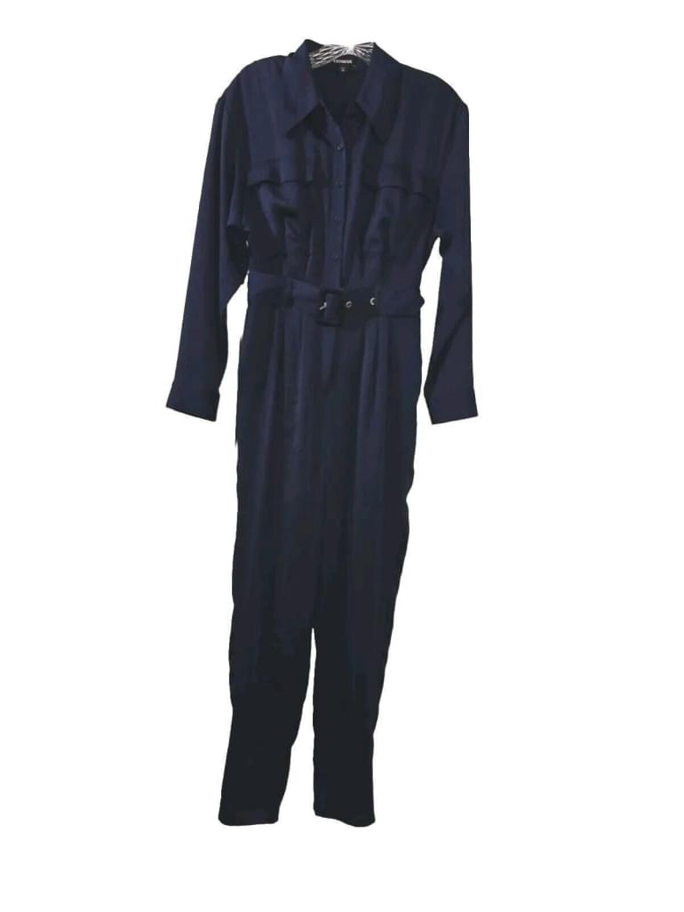 Express Navy Blue Long Sleeve Tapered Leg Pleated Jumpsuit With Belt Size XS