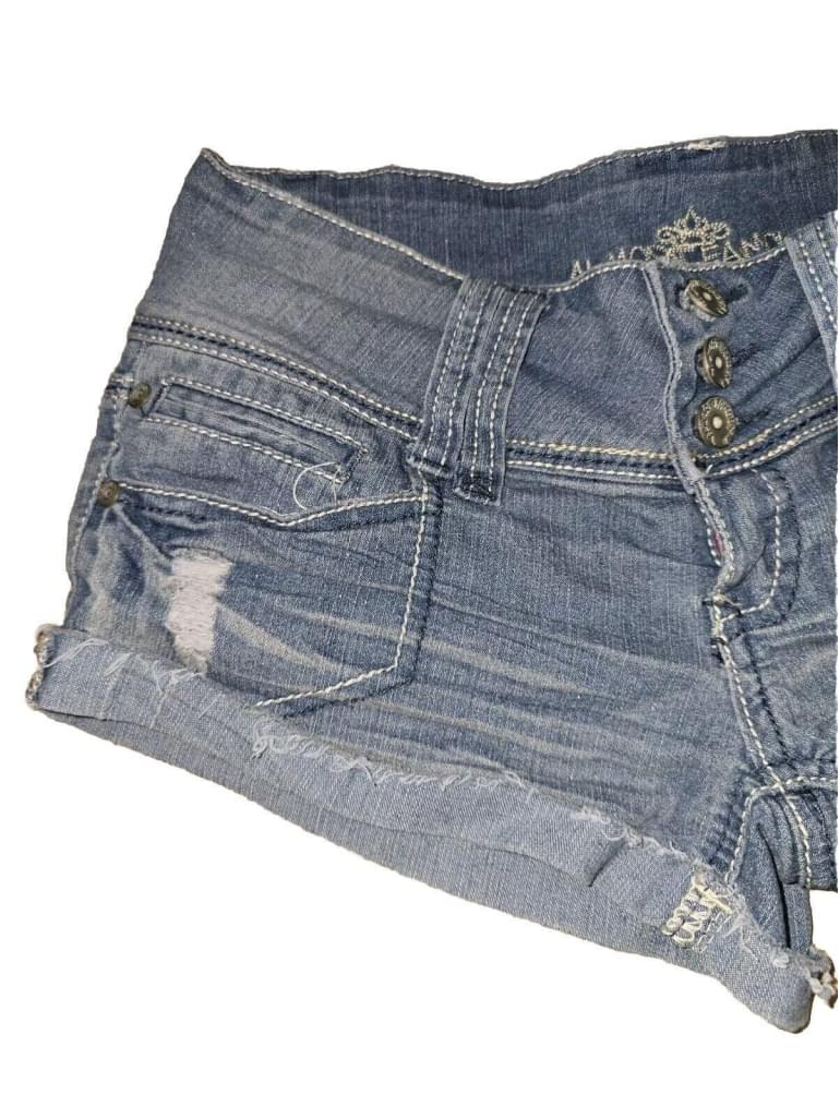 Y2K Almost Famous Low Rise Wide Waistband Distressed Jean Shorts SZ 5 Stretch