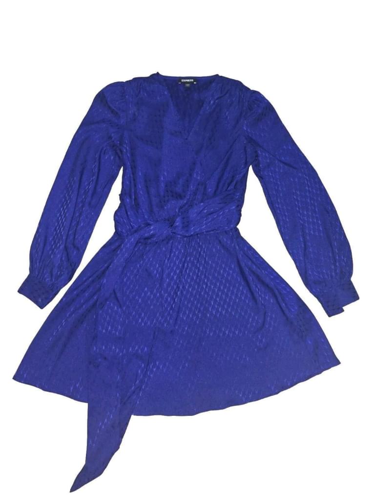 EXPRESS Royal Blue V-Neck Long Sleeve Fit & Flare Belt Wrap Dress XS