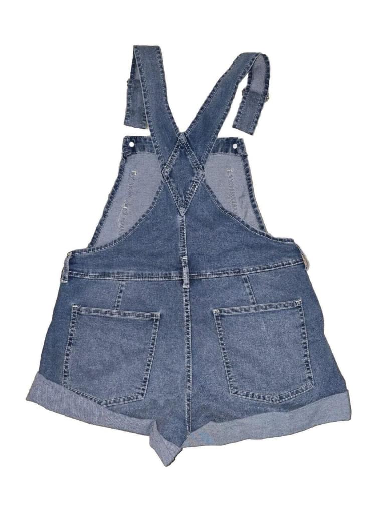 VTG No Boundaries 4 / 5 SMALL Distressed Blue Denim Cuffed Overalls Shorts