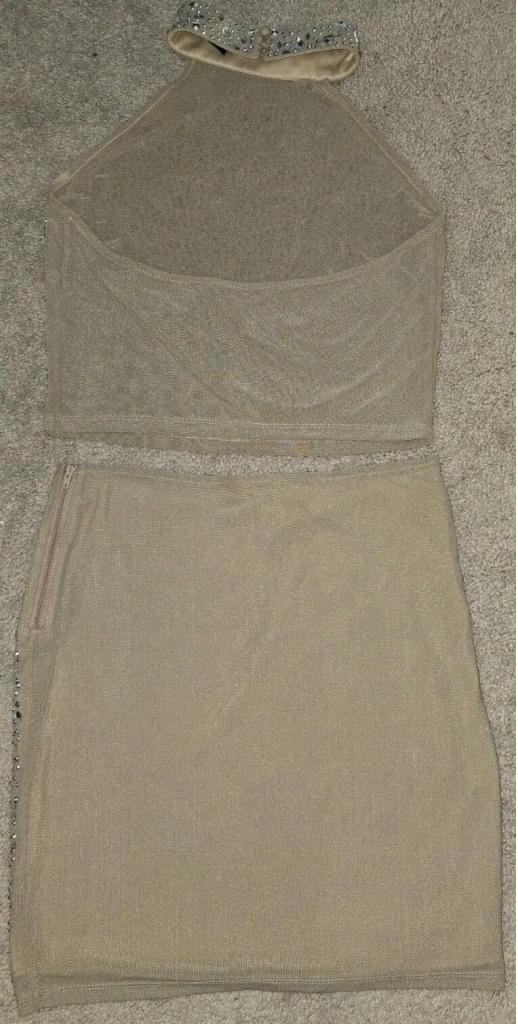 Windsor 2 Piece Nude Illusion Sheer Rhinestone Skirt Set Evening Dress LARGE