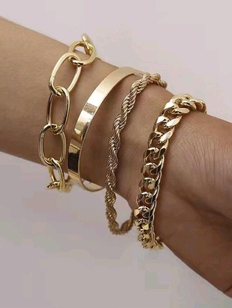 Gold 4 Bracelets Set Rope Chain, Paperclip Chain Cuban Chain, C Shape Set