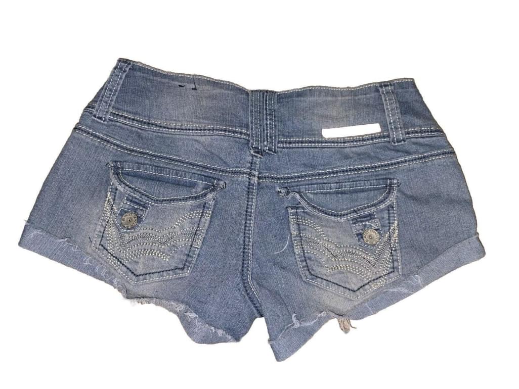 Y2K Almost Famous Low Rise Wide Waistband Distressed Jean Shorts SZ 5 Stretch