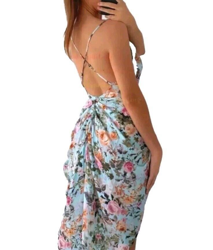 SHEIN Blue Floral Crisscross Backless Thigh Slit Silk Feel Dress Summer Wedding