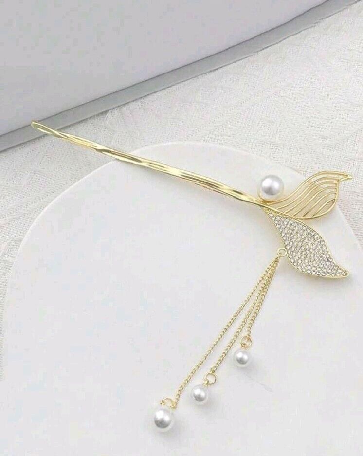 Gold  Mermaid Fishtail Hair Sticks Hairpin Styling Hair Vintage Faux Pearls