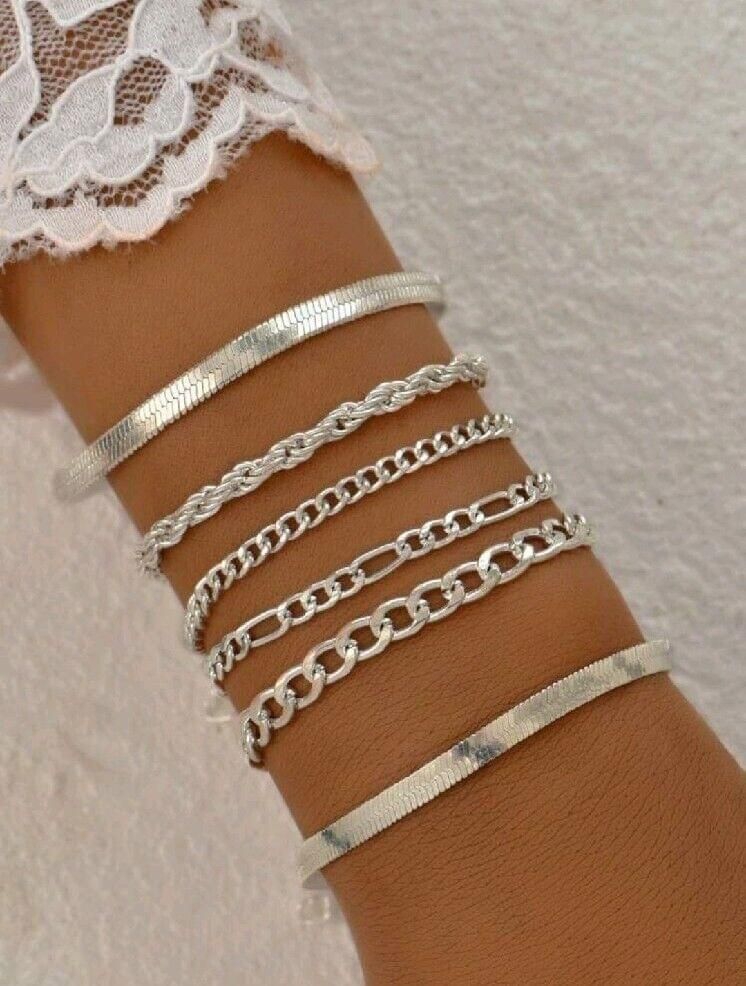 LADIES 6 PIECE MIXED STYLES OF Silver Metal Minimalist CHAIN BRACELETS