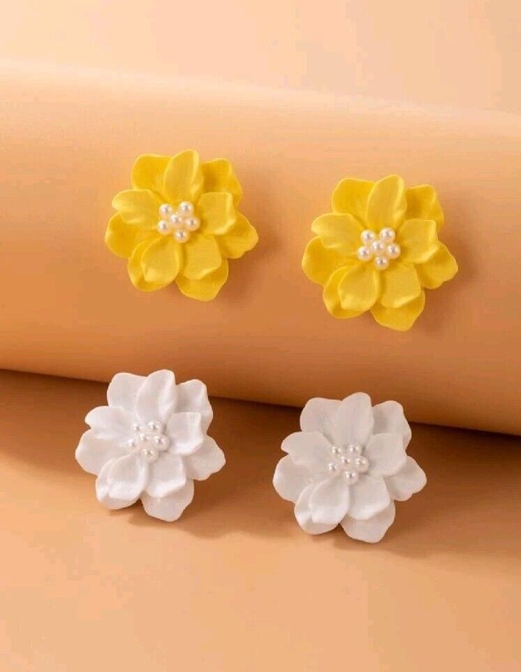 Set Yellow White Camellia Flower Earrings Studs Spring Summer Autumn