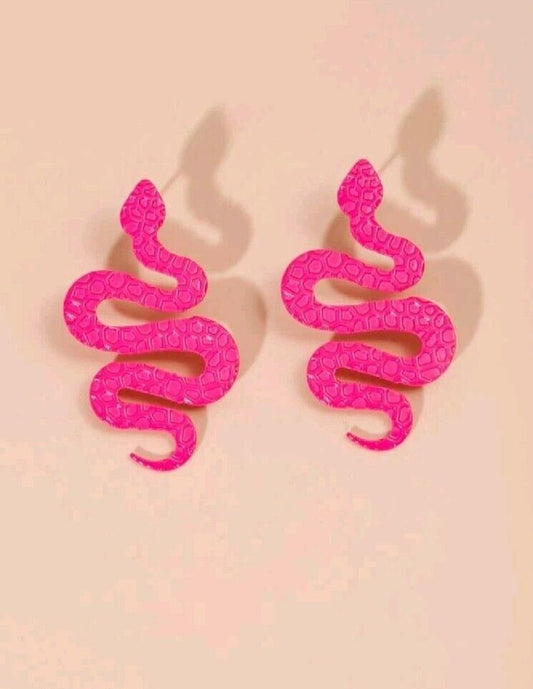 Neon Pink Animal Snake Crawl Shape Drop Earings Retro