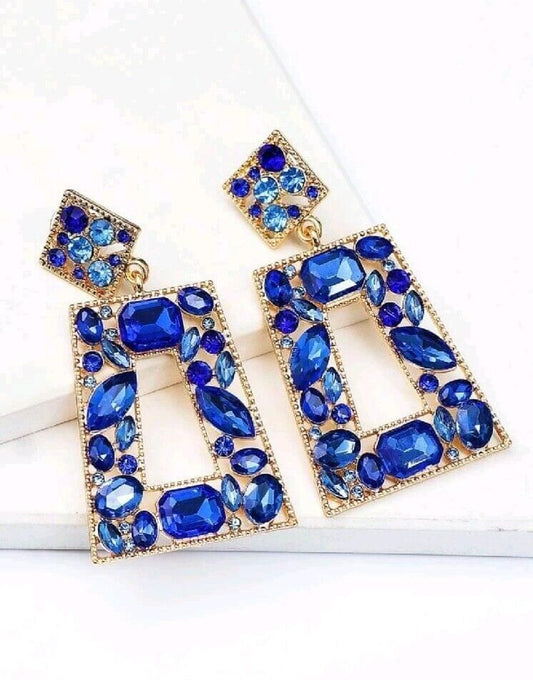 Elegant Royal Blue Long Dangle Drop Earrings Faux Crustal Gold Metal Fashion