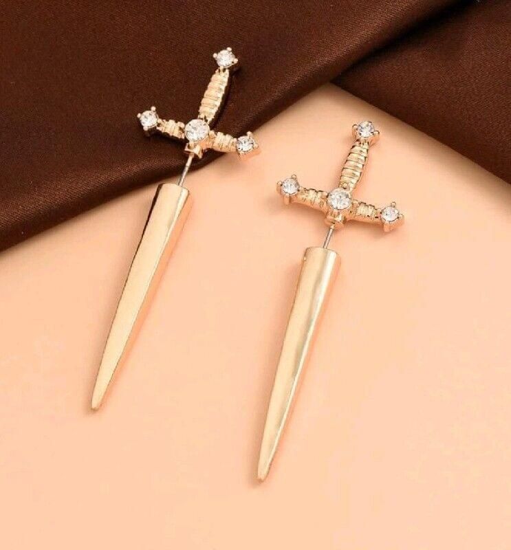 NEW Sword Dagger Faux Diamond Gold Earrings Medieval Gothic Festival