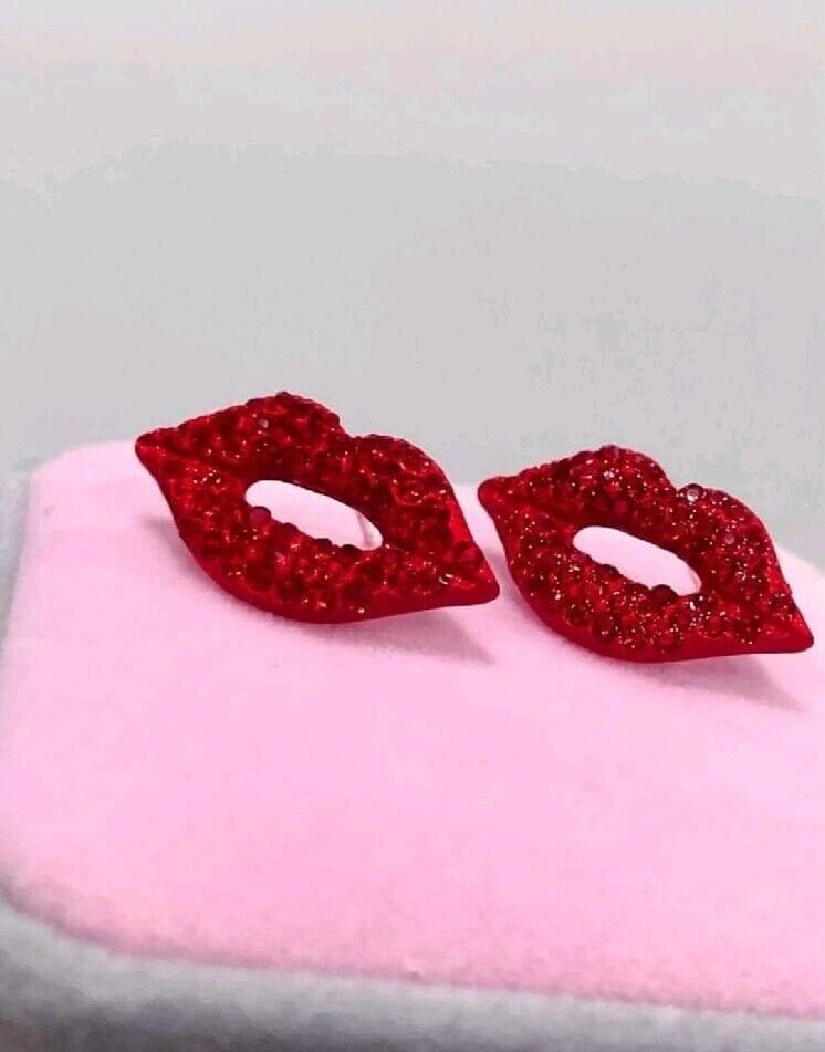 Red lips Faux Diamond CZ Rhinestone earrings Studs