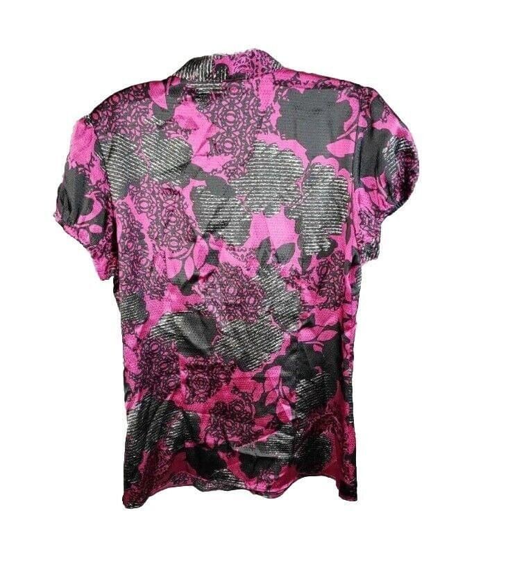 Worthington Button Front Fitted Cap SLEEVE Blouse Top SMALL Pink Black Floral