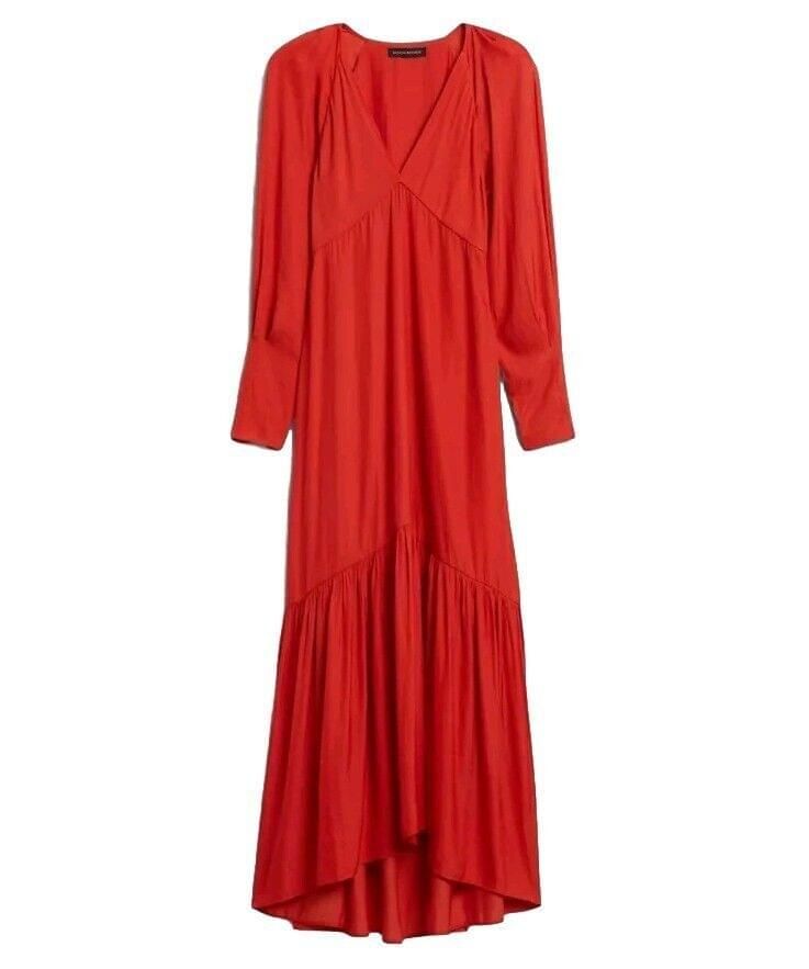 Banana Republic Reddish Orange Deep V-neck Long Sleeve Maxi Dress SZ 2