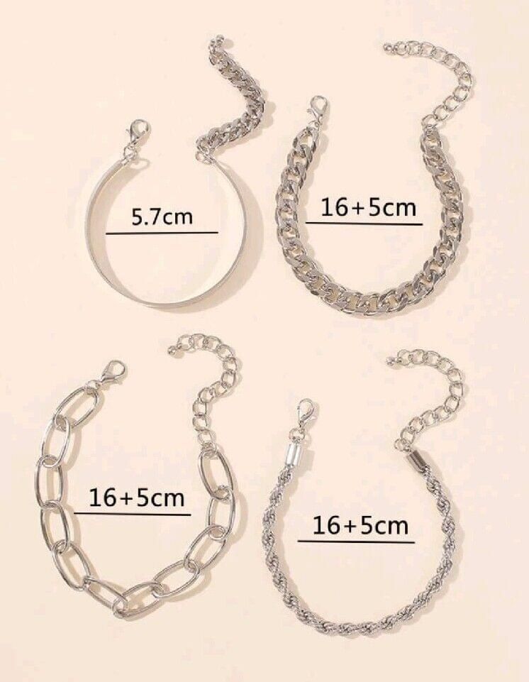 Silver 4 Bracelets Set Rope Chain, Paperclip Chain Cuban Chain, C Shape Set