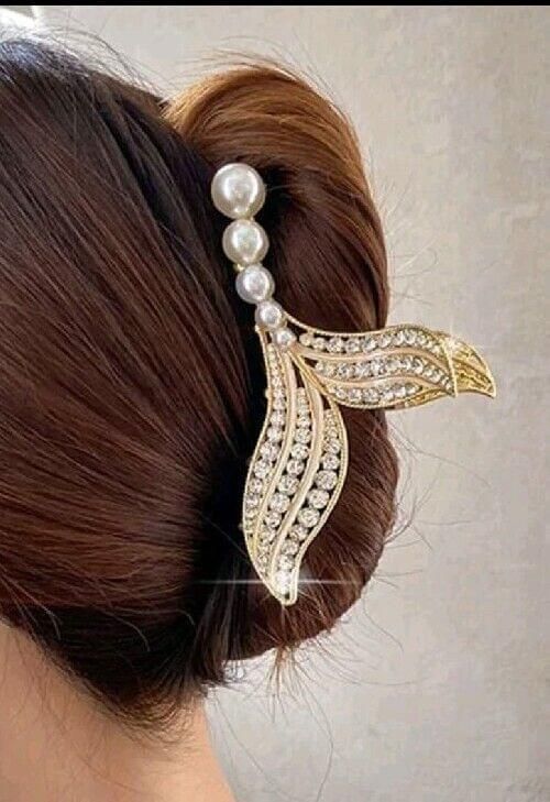 Gold Mermaid Fishtail Jumbo Faux Pearl Rhinestone Hair Clip