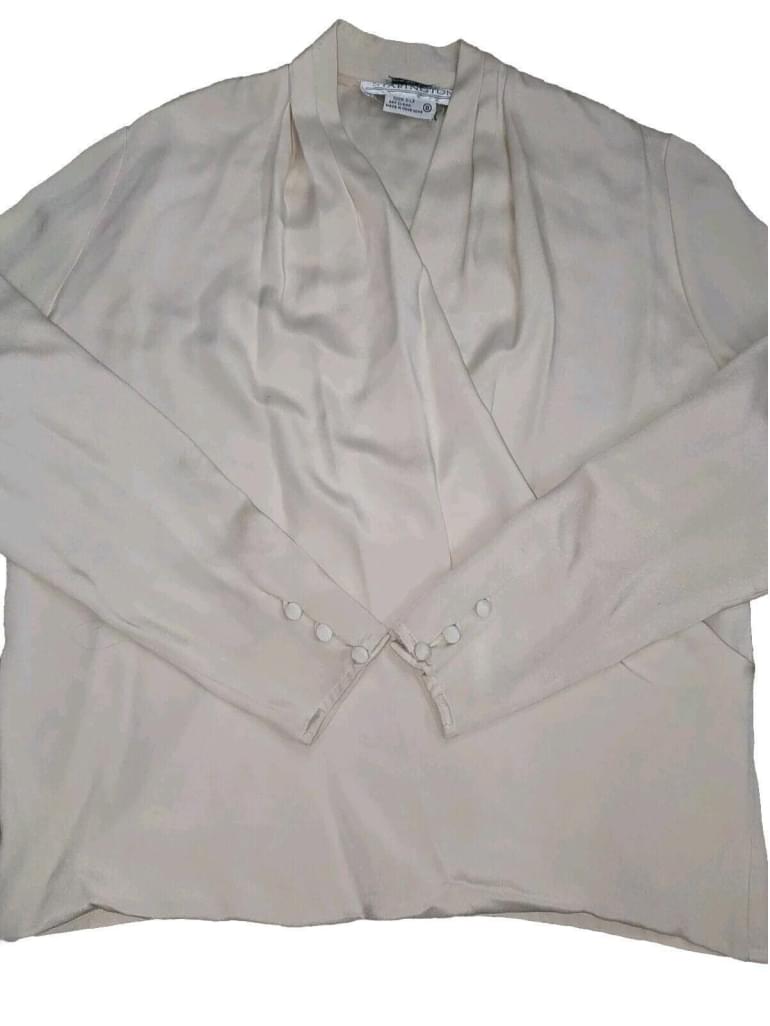 VTG Saks Fifth Avenue Starington 100% Silk Beige Long Sleeve Pleated Blouse Sz 8