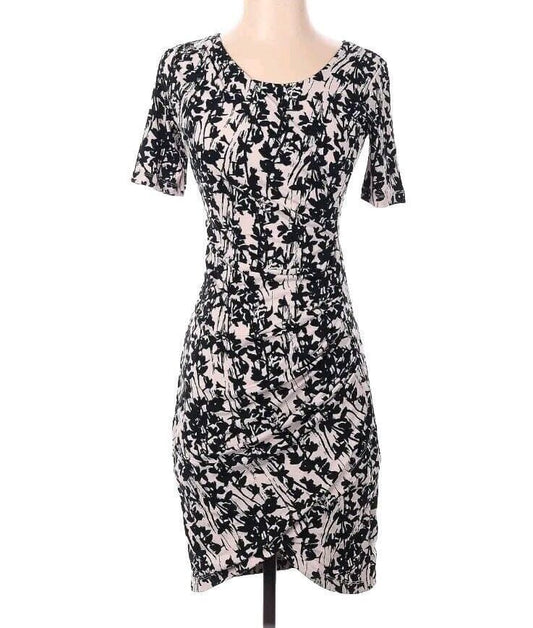 H&M Beige Black Floral Faux Wrap Short Sleeve Rouche Side Dress SMALL