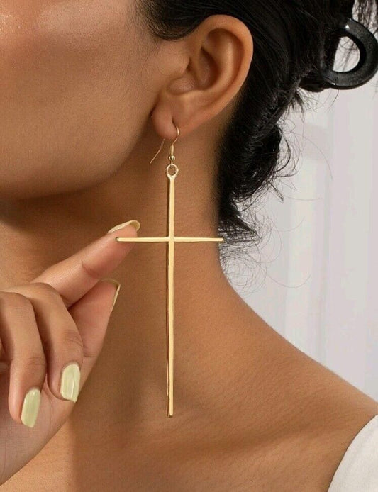 Cross Drop Gold Metal Earrings