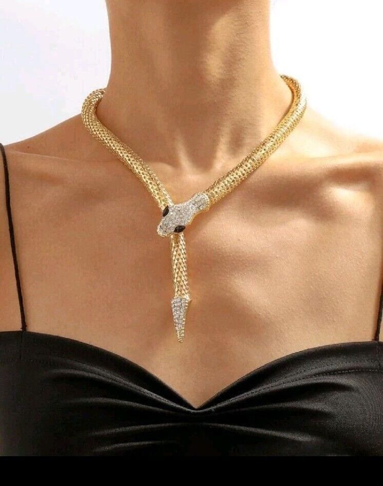 Faux Gold Snake Mesh Necklace Lariat Gold Tone Faux Rhinestones