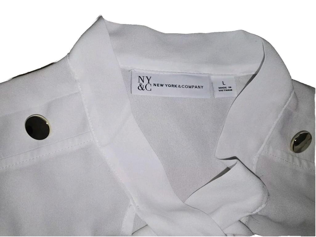 New York & Company Bow Tie Neck sheer Blouse White Gold Buttons Size LARGE